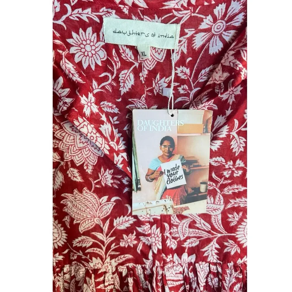 DAUGHTERS OF INDIA NWT Kyra Midi Dress Saffron Red Sz XL Block Print 100% Cotton - Picture 3 of 14